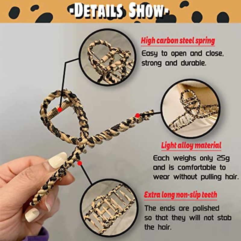 YUESUO 4.5 인치 대형 금속 머리 발톱 클립 6Pcs 여성용 큰 미끄럼 방지 두꺼운 골드 나비 패션 액세서리 여성 (골든 & 레오파드) 럭셔리 + 세련된 표범 인쇄