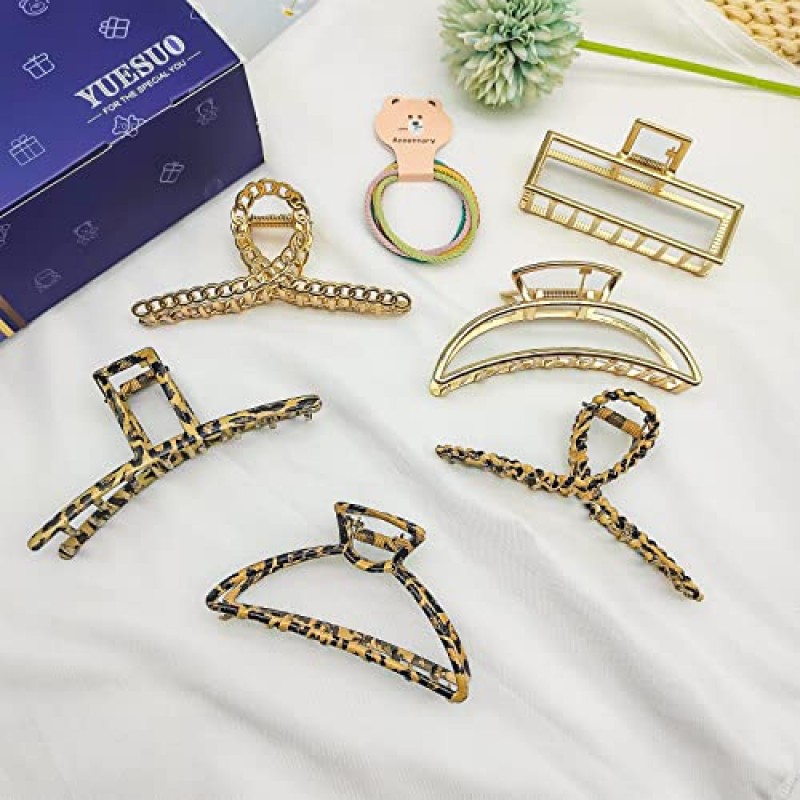 YUESUO 4.5 인치 대형 금속 머리 발톱 클립 6Pcs 여성용 큰 미끄럼 방지 두꺼운 골드 나비 패션 액세서리 여성 (골든 & 레오파드) 럭셔리 + 세련된 표범 인쇄