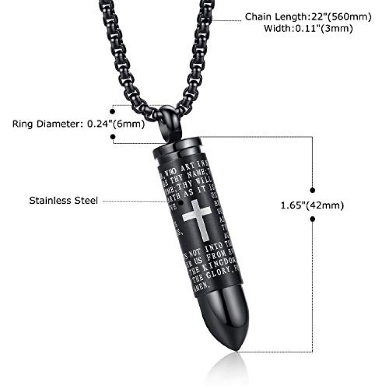 MONIYA 스테인레스 스틸 총알 펜던트 항아리 유골 목걸이 영어로 십자가 주님의기도, 22 인치 박스 체인