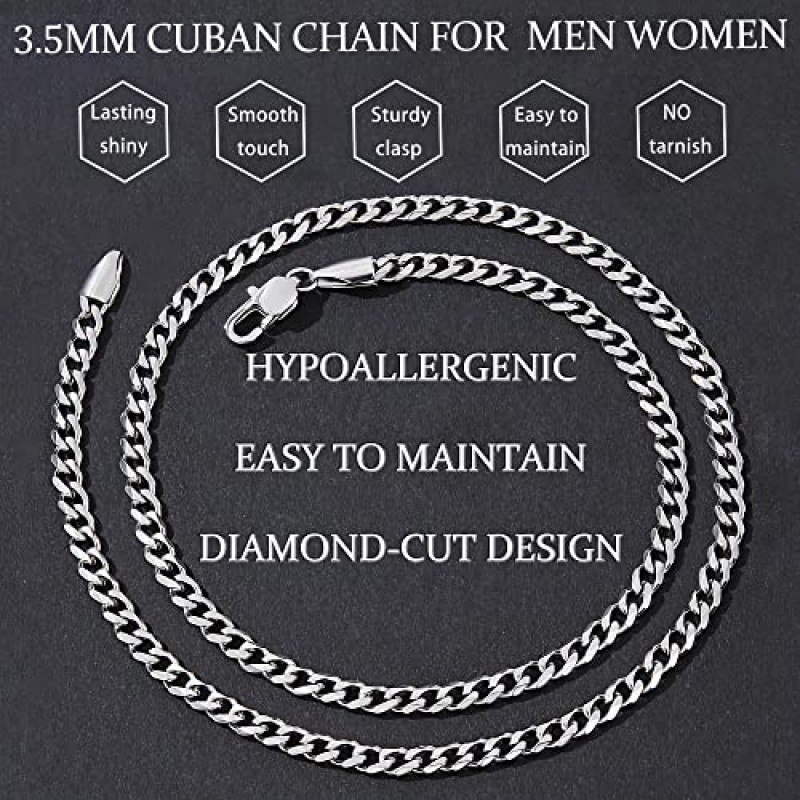 Fiusem 3.5mm 실버 톤/블랙/14K 골드 도금 체인 남성용, 남성용 목걸이 체인 남성용 및 소년용 스테인레스 스틸 쿠바 링크 체인 목걸이, 남성용 체인 16, 18, 20, 22, 24, 26, 28 인치