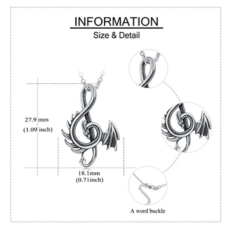 YAFEINI 드래곤 목걸이 925 스털링 실버 음악 노트 미적 펜던트 체인 남성 여성을위한 빈티지 선물 소녀 소년