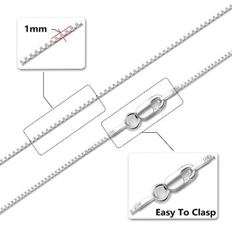 ASHINE 925 스털링 실버 1mm & 0.8 이탈리아 박스 체인 목걸이 16