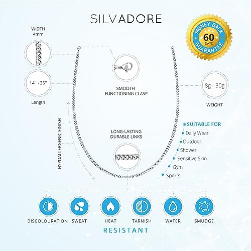 Silvadore 2/4/6mm 쿠바 링크 실버 체인 목걸이 남성용 여성용 소년 - 강한 솔리드 스테인레스 스틸 - 육군 인식표 군용 커브 넥 바디 쥬얼리 선물 - 18 ~ 36 인치 영국