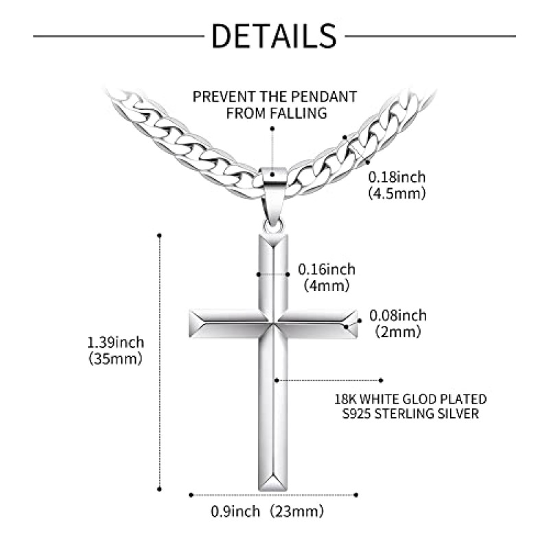 Cameido 925 스털링 실버 크로스 목걸이 남성용 여성용 스테인레스 스틸 다이아몬드 컷 내구성 쿠바 링크 체인 광택 경 사진 가장자리 크로스 체인 펜던트 목걸이 쥬얼리 16-28 인치