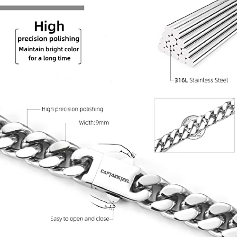 CaptainSteeL 마이애미 쿠바 체인 목걸이 남성용/여성용, 316L 스테인레스 스틸 5/9MM 폭 18