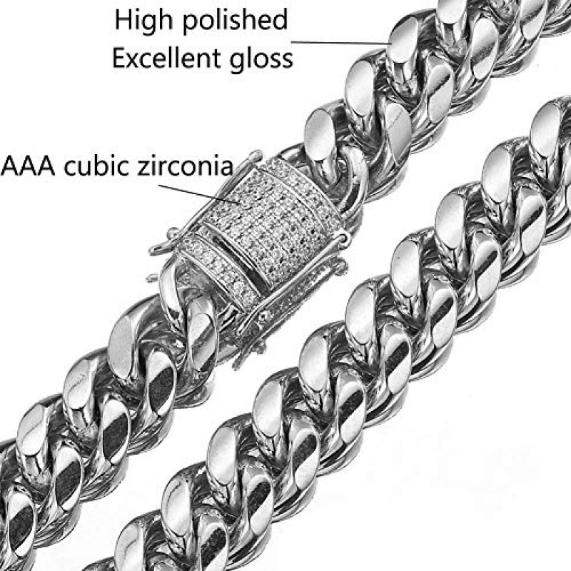 Jxlepe Mens 마이애미 쿠바 링크 체인 화이트 15mm 스테인레스 스틸 커브 목걸이 cz 다이아몬드 체인 초커