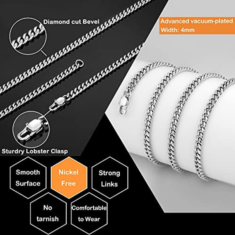 Jewlpire 다이아몬드 컷 마이애미 남성용 쿠바 링크 체인 목걸이, 골드 체인 | 남성용 남성용 여성용 실버 체인, 힙합 & 쿨 스타일, 316L 스테인레스 스틸/18K 골드 도금, 4/6/10mm, 18/20/22/24/26/30 인치