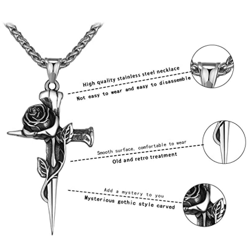 남성 여성을위한 빈티지 크로스 펜던트 목걸이 장미 꽃 목걸이 스테인레스 스틸 고딕 펑크 쥬얼리, 24 인치 체인이있는 맞춤형 랩퍼 자전거 목걸이