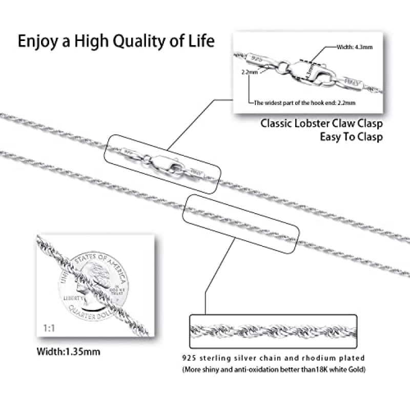 Jewlpire 솔리드 18K 여성용 925 스털링 실버 체인 목걸이 여성용, 1.35mm 로프 체인 여성용 이탈리아 목걸이 체인 남성용 슈퍼 샤이니 & 내구성 여성용 체인 목걸이 18, 20, 22, 24 인치