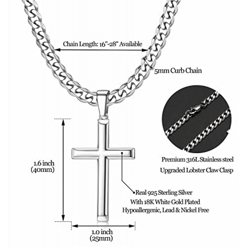 남성 여성을위한 Tungary 925 스털링 실버 크로스 목걸이 남성용 5mm 스테인레스 스틸 쿠바 링크 체인 세련된 실버 크로스 펜던트 체인 목걸이 다이아몬드 컷 내구성 남성 쥬얼리 선물 16-28 인치