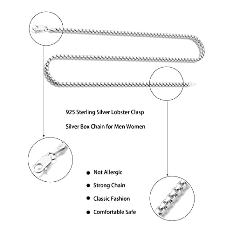 Waitsoul 925 스털링 실버 박스 체인 랍스터 걸쇠 여성용 2/3/4/5mm 목걸이 남성용 박스 체인 실버/18K 골드 목걸이 체인 다이아몬드 컷 16-30 인치