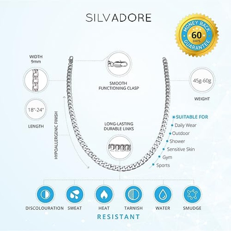 Silvadore 9mm 남성용 커브 체인 - 남성용 목걸이 플랫 쿠바 스테인레스 스틸 주얼리 - 넥 링크 남자 소년 남성 헤비 밀리터리 - 18 20 22 24 인치