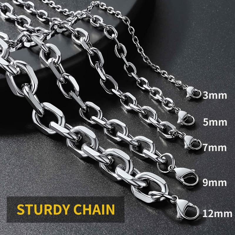 ChainsHouse 남자 여자 체인 롤로 목걸이, 3mm/5mm/7mm/9mm/12mm 와이드 스테인레스 스틸/블랙 메탈/18K 골드 도금 케이블 링크 목걸이, 18 