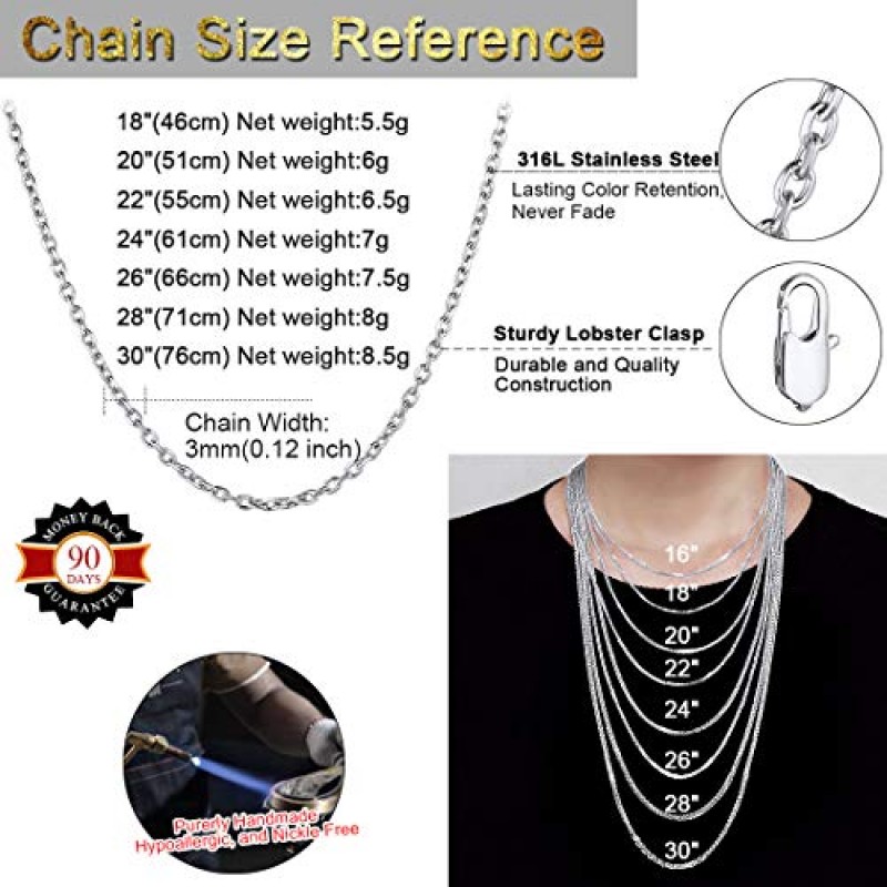 ChainsHouse 남자 여자 체인 롤로 목걸이, 3mm/5mm/7mm/9mm/12mm 와이드 스테인레스 스틸/블랙 메탈/18K 골드 도금 케이블 링크 목걸이, 18 