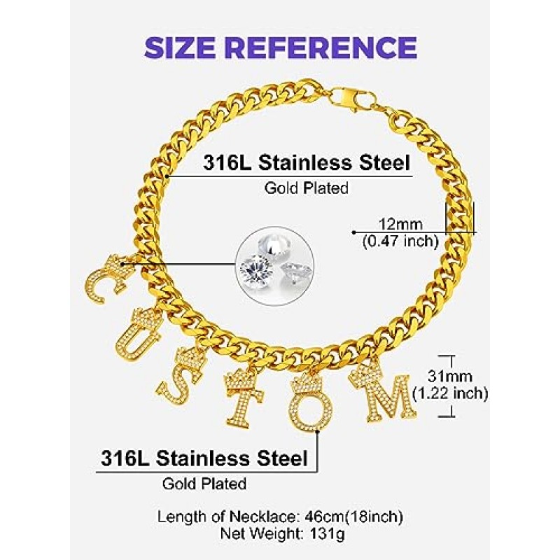 Richsteel A-Z 크라운 초기 목걸이 남성 여성 18K 골드 도금 반짝이 큐빅 지르코니아 모노그램 펜던트 22' 체인 + 2'(확장) 패션 주얼리(선물 상자 포함)