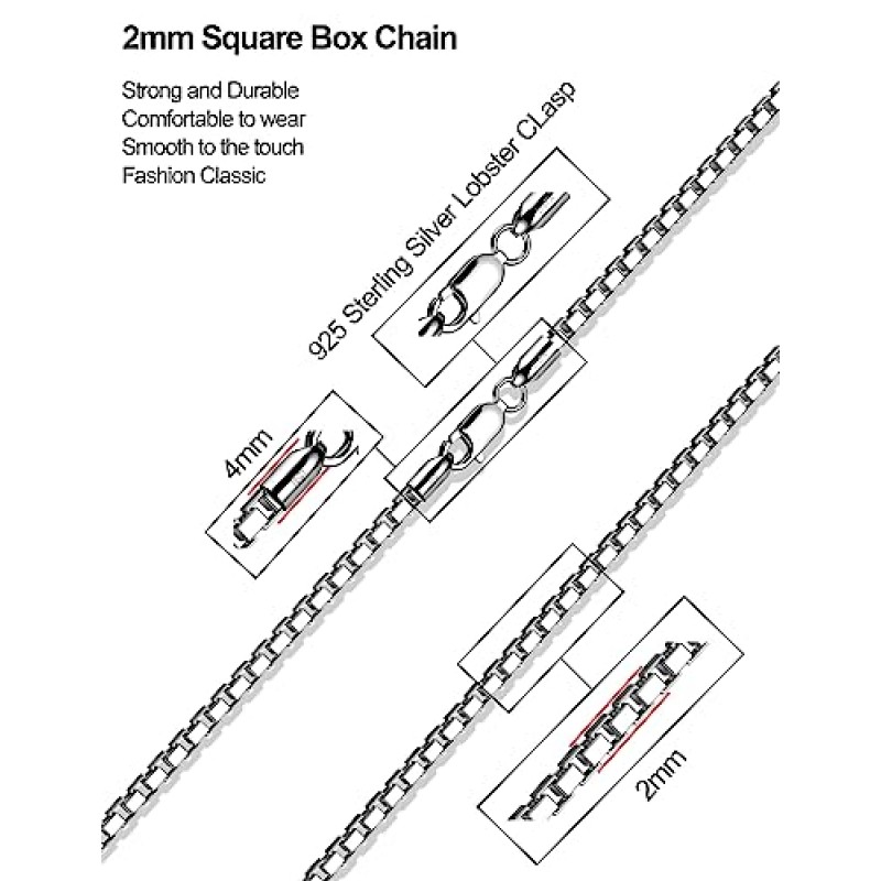 ASDULL 925 스털링 실버 박스 체인 남성용 2/3/4/5mm 목걸이 여성용 실버 링크 체인 16/18/20/22/24/26/30 인치