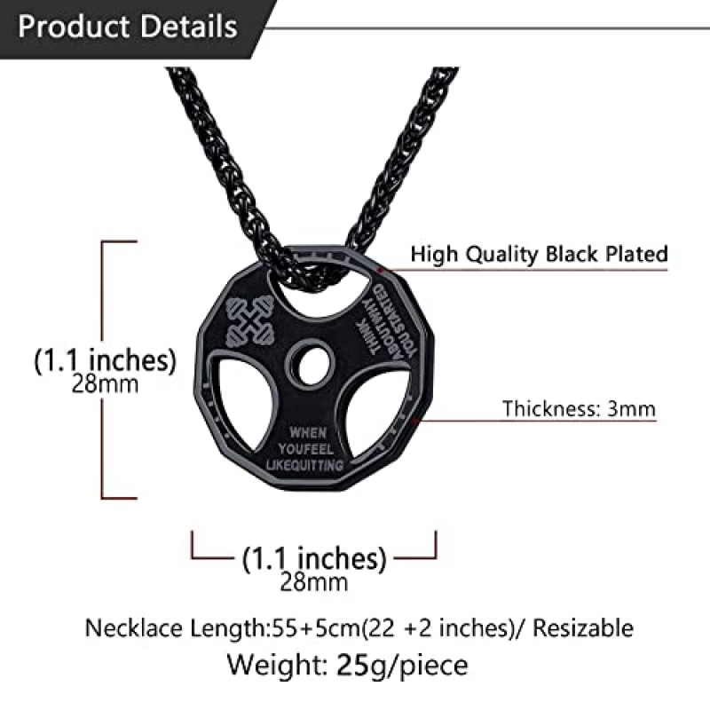 U7 남성 여성 피트니스 덤벨 목걸이 스테인레스 스틸 웨이트 플레이트 바벨 체인 펜던트 목걸이, 체인 22 