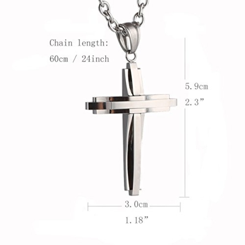 HZMAN 남성 광택 스테인레스 스틸 실버 크로스 펜던트 목걸이 22+2 인치 체인