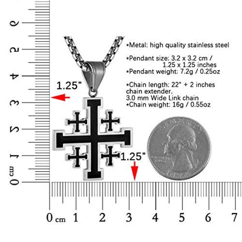 HZMAN 남성용 스테인레스 스틸 십자군 예루살렘 크로스 펜던트 목걸이 22+2인치 체인 포함