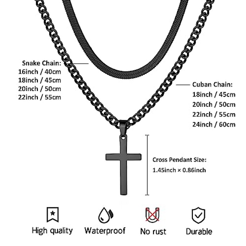 RUOOUY 남자를위한 계층화 된 크로스 목걸이 소년 스테인레스 스틸 계층화 된 스네이크 체인 쿠바 링크 체인 16-24 인치 기독교 크로스 펜던트 종교 보석 선물