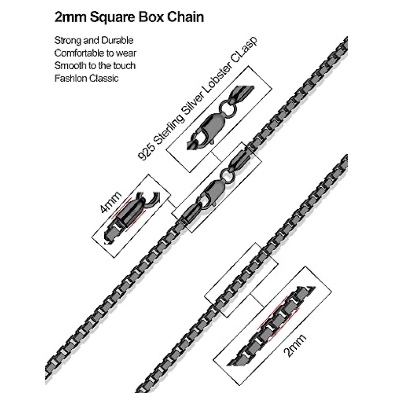 ASDULL 925 스털링 실버 2/2.5mm 남성용 블랙 박스 체인 여성용 스퀘어 박스 링크 체인 목걸이 16-30 인치
