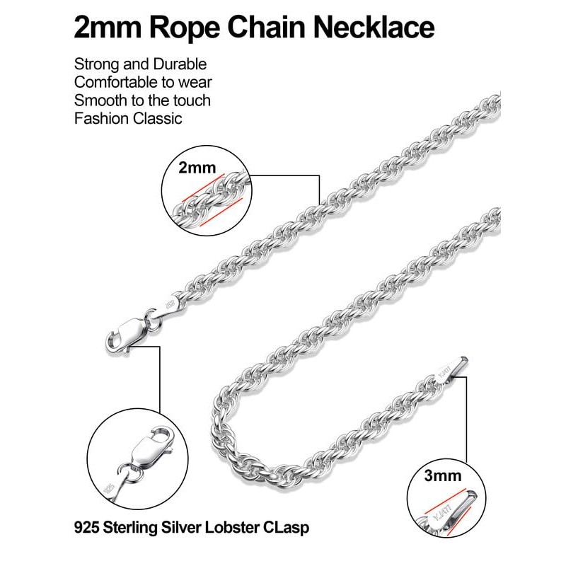 ASDULL 925 스털링 실버 로프 체인 남성용 2/2.5/3/4/5mm 목걸이 여성용 실버/골드 링크 체인 16-30 인치