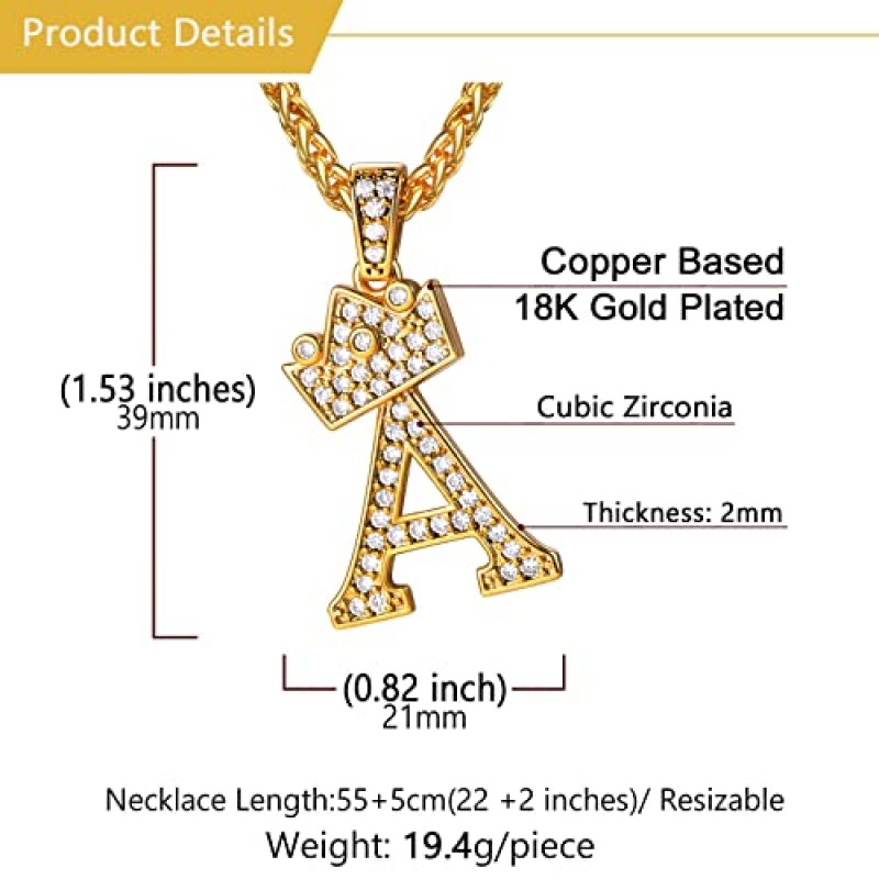 U7 크라운 이니셜 A-Z 목걸이, 22-24 인치 체인이 있는 아이스 아웃 문자 펜던트, 남성 여성 블링 힙합 알파벳 이름 보석 선물 빅 이니셜 목걸이 컬러 스틸, 블랙, 골드