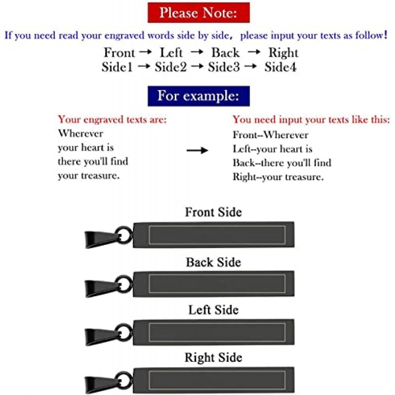 PiercingJ 4 측면 조각 맞춤형 사용자 정의 메시지 이름 막대 목걸이 남성 여성을위한 스테인레스 스틸 펜던트 체인 발렌타인 데이 선물 상자