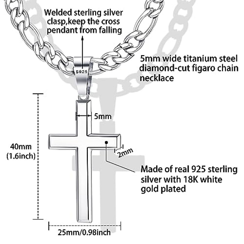 Milacolato 925 스털링 실버 크로스 펜던트 목걸이 남성 여성 5mm 스테인레스 스틸 내구성 피가로 체인 18K 화이트 골드 도금 경 사진 가장자리 십자가 펜던트 목걸이 크로스 체인 목걸이 18-30 인치