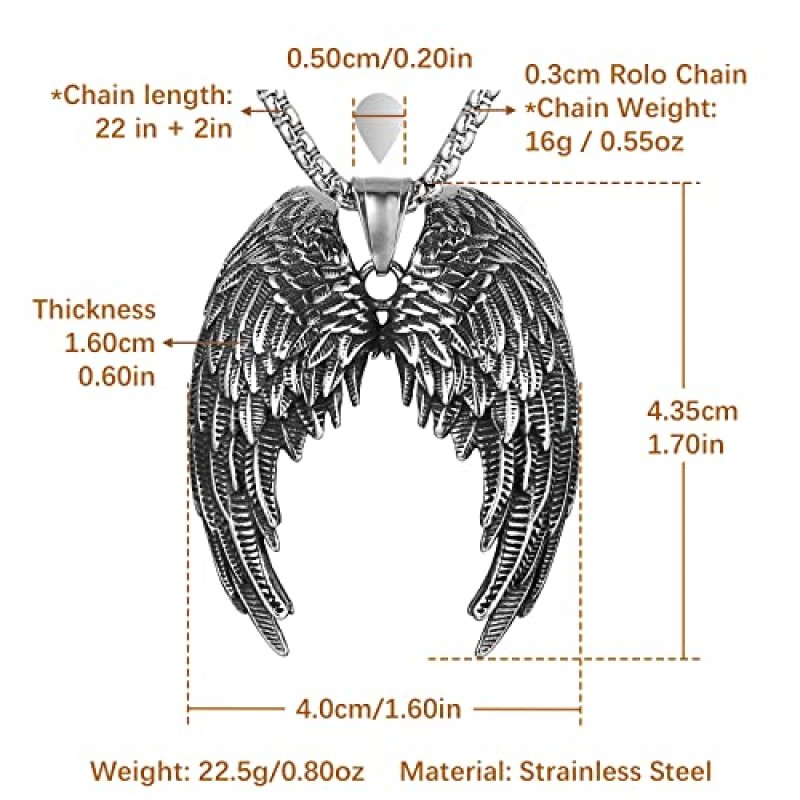 HZMAN 대형 스테인레스 스틸 천사 날개 깃털 펜던트 고딕 목걸이 남성 여성을위한 22 + 2 인치 박스 체인
