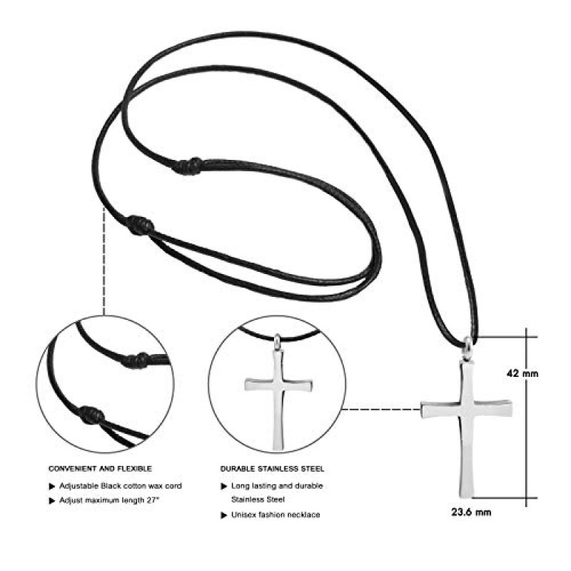 남성용 555Jewelry 스테인레스 스틸 크로스 목걸이 - 18인치 조정 가능한 블랙 로프 코드가 있는 크로스 펜던트 - 남성용 크로스 목걸이