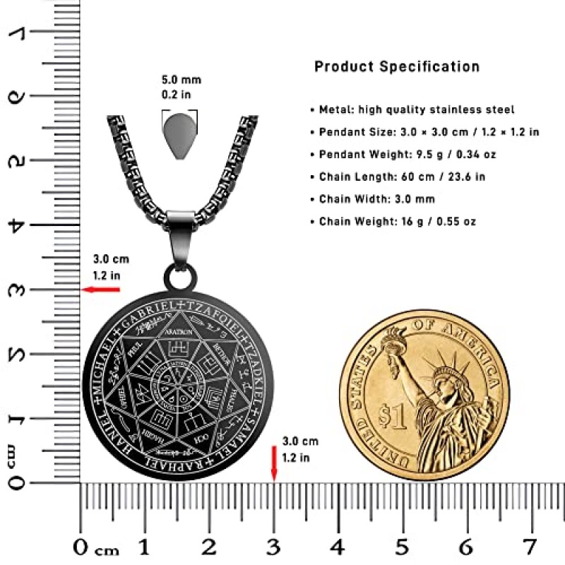 Yaumatea 남성 여성을위한 일곱 대천사 펜던트 목걸이 보호 부적 대천사 마이클 코인 펜던트 목걸이 가브리엘 우리엘 영적 스테인레스 스틸 메달 목걸이 24 인치