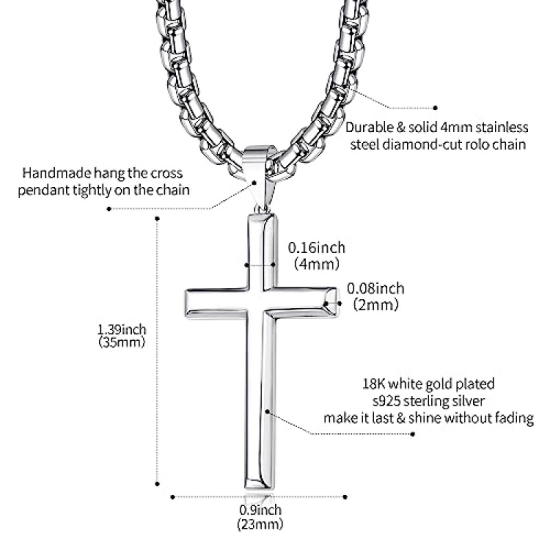 Idemana 925 스털링 실버 크로스 목걸이 남성 여성 4mm 스테인레스 스틸 스퀘어 롤로 체인 목걸이 고광택 경 사진 가장자리 18K 화이트 골드 도금 크로스 펜던트 목걸이 16-26 인치