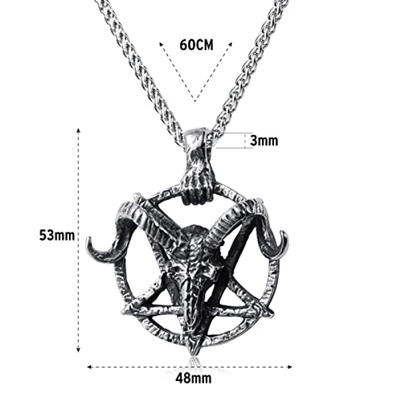 KIRTIJW 사탄 목걸이 염소 머리 거꾸로 된 오각형 루시퍼 펜던트 목걸이 쥬얼리 남성용 소년 60cm