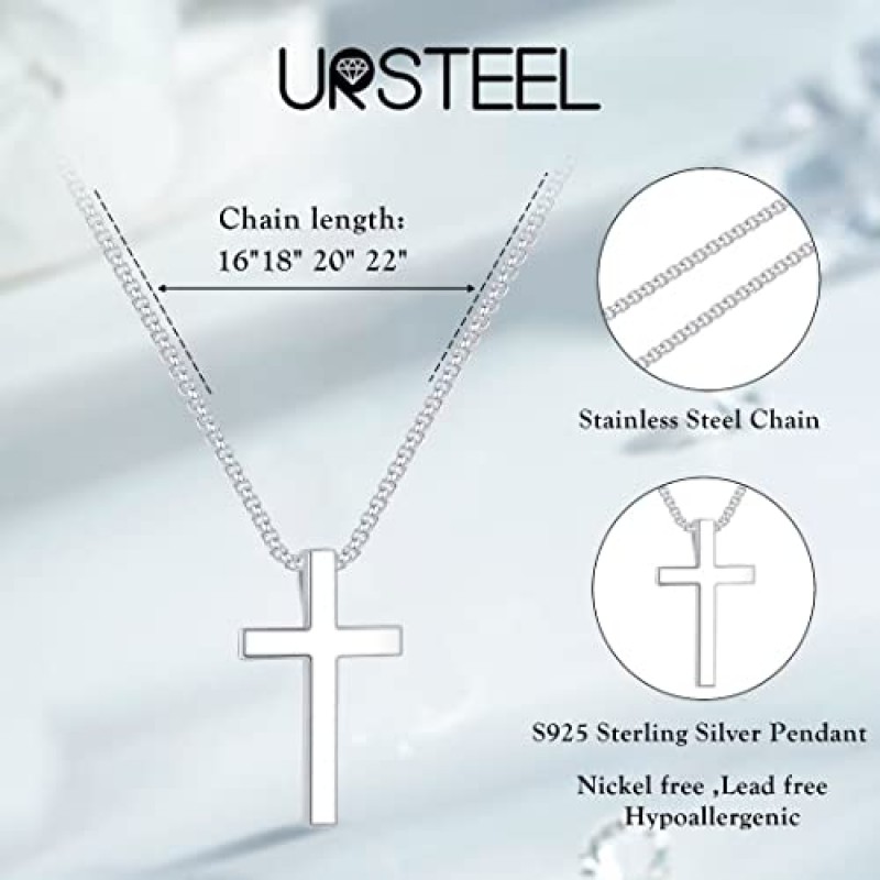 남성용 Ursteel 925 스털링 실버 크로스 펜던트 크로스 목걸이, 남성용 크로스 목걸이 18K 골드 블랙 실버 스테인레스 스틸 체인 목걸이 남성용 여성용 여자 16 18 20 22 인치 크로스 목걸이