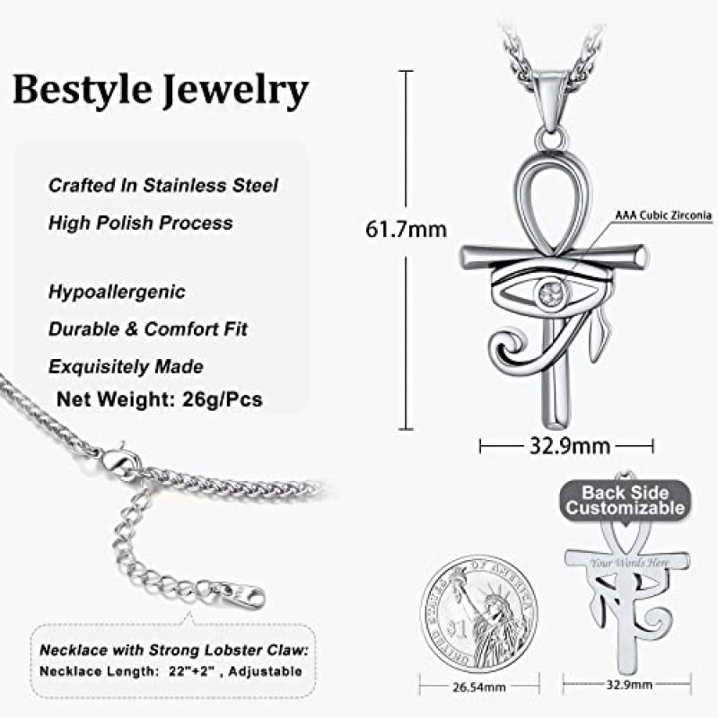Bestyle 빈티지 눈 Horus Ankh 크로스 펜던트 목걸이 여성 남성, 솔리드 스테인레스 스틸 행운의 부적 체인 목걸이 보호 보석의 고대 이집트