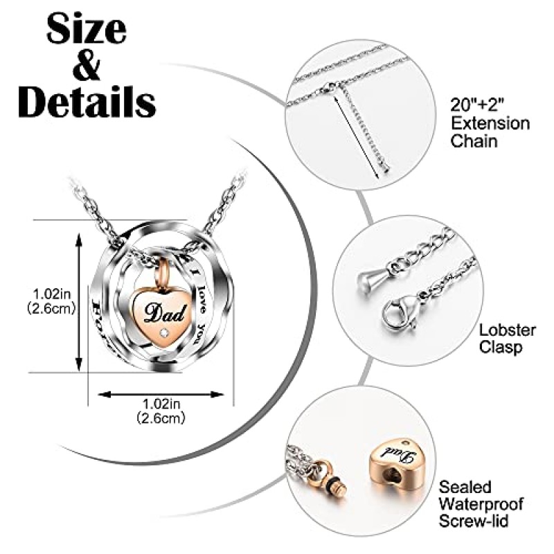 유골을위한 SOITIS Urn 목걸이 심장 방수 유골 목걸이 기념 기념품과 스테인레스 스틸 화장 목걸이