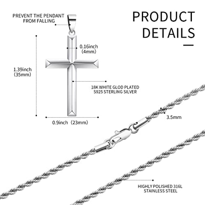 Cameido 925 스털링 실버 크로스 목걸이 3.5mm 스테인레스 스틸 트위스트 걸쇠 로프 체인 목걸이 남성 여성을위한 경 사진 가장자리 크로스 펜던트 목걸이 16-28 인치