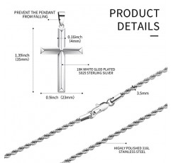 Cameido 925 스털링 실버 크로스 목걸이 3.5mm 스테인레스 스틸 트위스트 걸쇠 로프 체인 목걸이 남성 여성을위한 경 사진 가장자리 크로스 펜던트 목걸이 16-28 인치