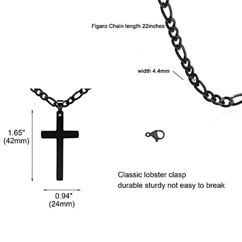 남자를위한 십자가 목걸이 소년 아들 손자 아빠 남편 블랙 실버 골드 피가로 체인 생일 크리스마스를위한 엄마의 십자가 종교 선물 크리스마스 스테인레스 스틸 크로스 펜던트 22 인치 남성 쥬얼리