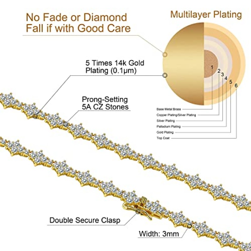 Lulu Mel 3mm 허니콤 힙합 14K 골드 도금 목걸이 남성 여성, 16-20 인치 프롱 세팅 5A 큐빅 지르코니아 다이아몬드 클래식 테니스 초커 목걸이 랩퍼 선물 상자 포함