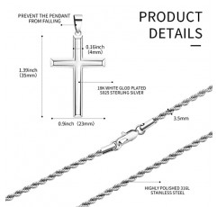 Cameido 925 스털링 실버 크로스 펜던트 목걸이 남성 여성을위한 3.5mm 스테인레스 스틸 걸쇠 로프 트위스트 체인 18K 화이트 골드 도금 크로스 펜던트 고도로 광택 크로스 목걸이 16-28 인치