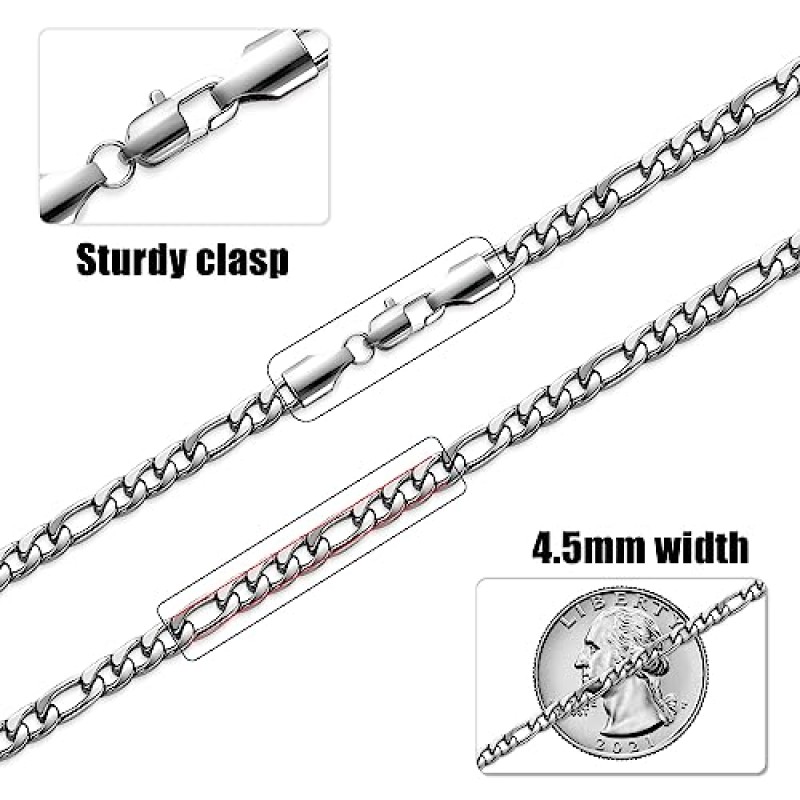 남성용 micuco 4.5mm 피가로 체인 목걸이, 남성용 스테인레스 스틸 실버 체인, 여성용 링크 체인 목걸이 남성용 16 18 20 22 24 인치