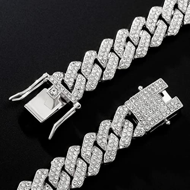 JUNVirtuous 쿠바 링크 체인 Mens Iced Out 마이애미 쿠바 목걸이 실버/골드 블링 다이아몬드 힙합 쥬얼리 여성용 (18 인치 실버 목걸이)