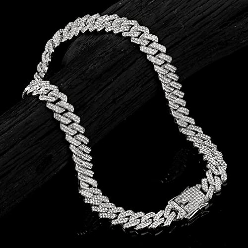 JUNVirtuous 쿠바 링크 체인 Mens Iced Out 마이애미 쿠바 목걸이 실버/골드 블링 다이아몬드 힙합 쥬얼리 여성용 (18 인치 실버 목걸이)