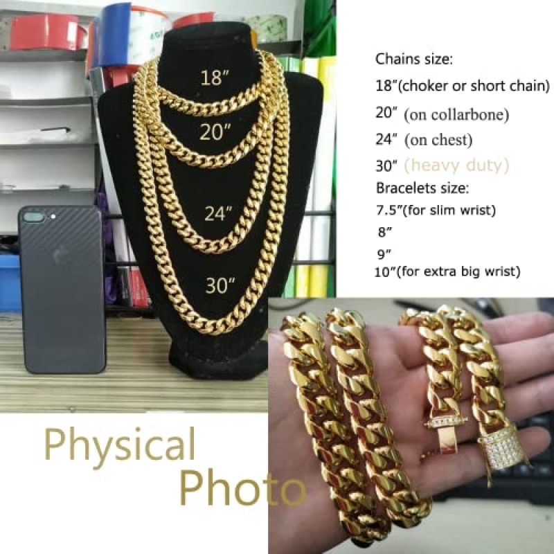 Jxlepe Mens 마이애미 쿠바 링크 체인 18K 골드 15mm 스테인레스 스틸 커브 목걸이 cz 다이아몬드 체인 초커