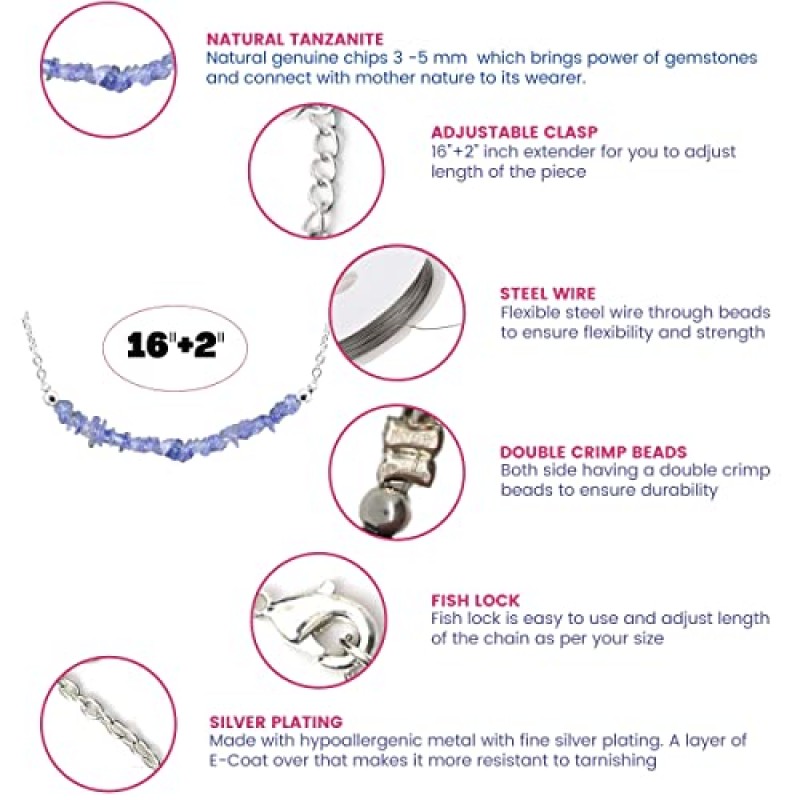 Gempires 천연 탄자나이트 칩 바 목걸이, 에너지 치유 크리스탈, 생일, 그녀를 위한 선물, 보석 주얼리 18인치 AA+ 품질(탄자나이트)