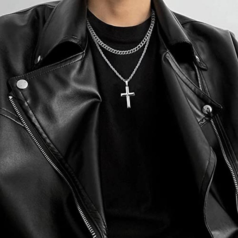 남성 여성을 위한 IRONBOX 925 스털링 실버 크로스 목걸이 스테인레스 스틸 다이아몬드 컷 내구성 5MM 쿠바 링크 체인 및 2.5MM 로프 체인 경 사진 가장자리 십자가 펜던트 목걸이 쥬얼리 16-30 인치