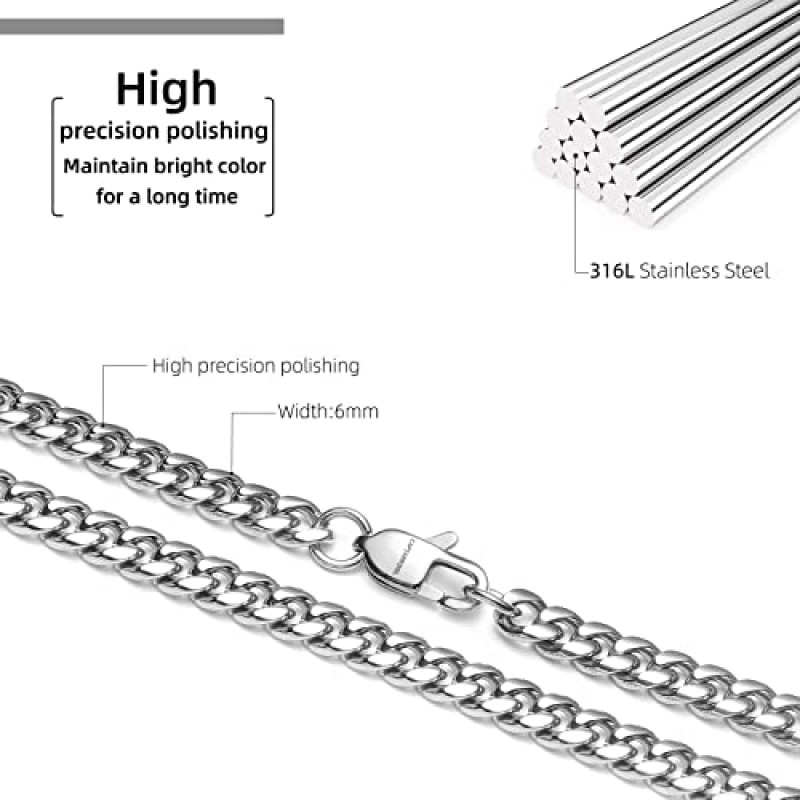남자/소년을위한 MIMITLTY 마이애미 쿠바 체인 목걸이, 316L 스테인레스 스틸 4/6MM 너비 18/20/22/24 인치 길이 패션 랍스터 걸쇠 힙합 쥬얼리