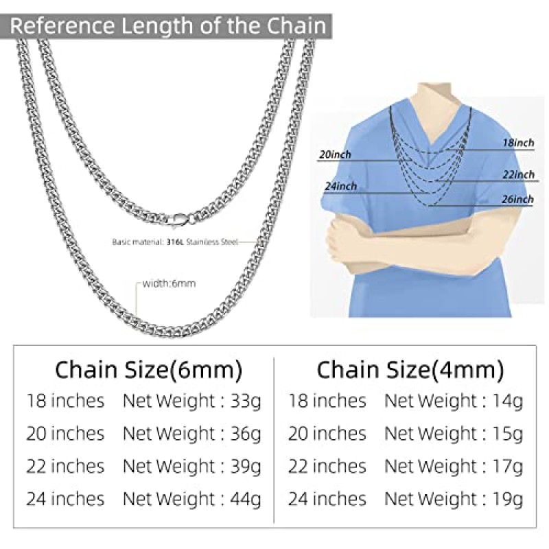 남자/소년을위한 MIMITLTY 마이애미 쿠바 체인 목걸이, 316L 스테인레스 스틸 4/6MM 너비 18/20/22/24 인치 길이 패션 랍스터 걸쇠 힙합 쥬얼리